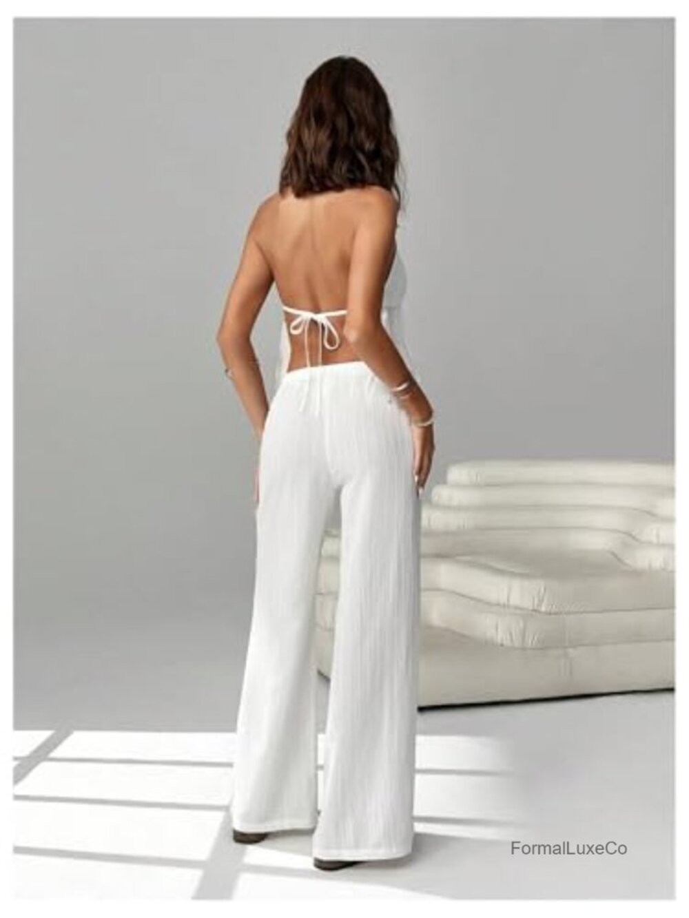 Women's 2 Piece Outfits Halter Tops Wide Leg Pants Sets Sleeveless Deep V Neck - Picture 2 of 5